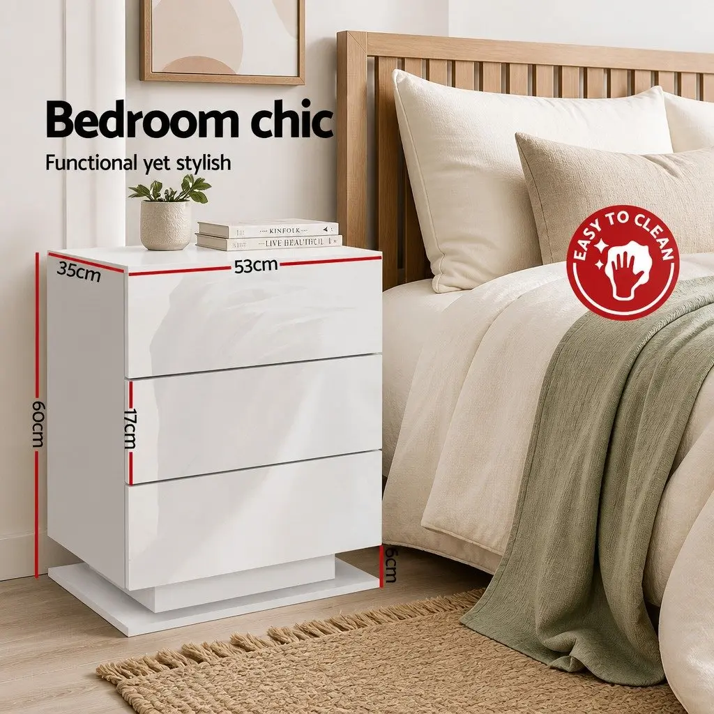 Bedside Table with LED Lighting 3 Drawers White Modern Bedroom Furniture