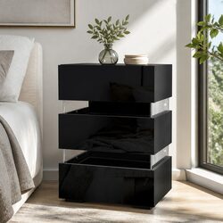 Bedside Table with LED Light 3 Drawers Black Modern Bedroom Nightstand Storage