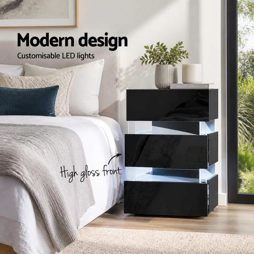 Bedside Table with LED Light 3 Drawers Black Modern Nightstand