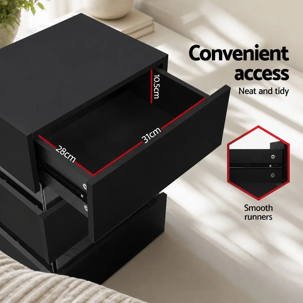Bedside Table with LED Light 3 Drawers Black Modern Nightstand