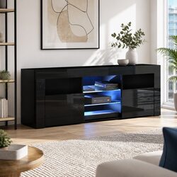 LED Entertainment Unit TV Cabinet 160cm Black Open Shelves Storage Console