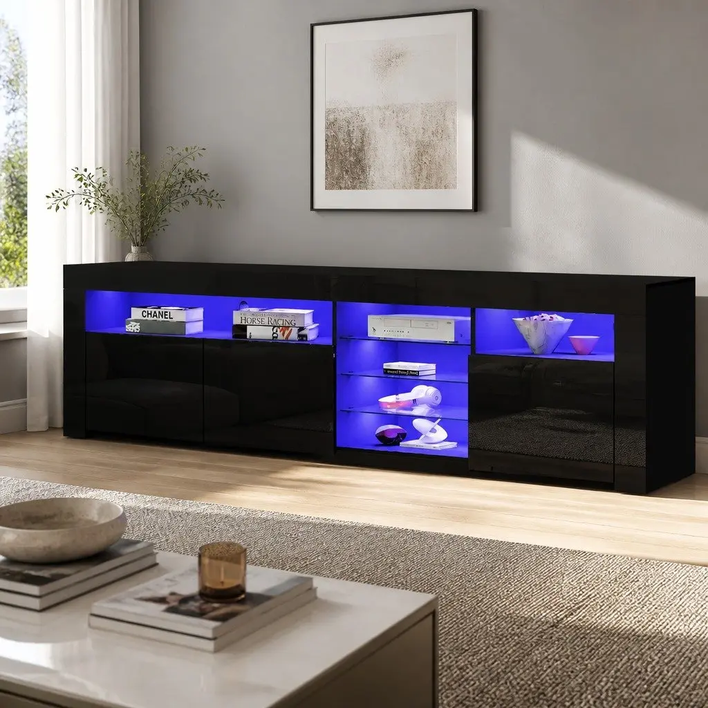 LED TV Unit Entertainment Cabinet 180cm Black with Customisable LED Lighting and Push-Open Storage