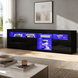 LED Entertainment Unit TV Cabinet 180cm Black with Push-Open Storage