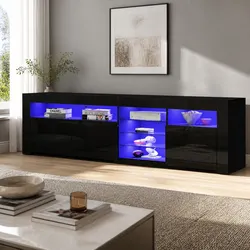 LED Entertainment Unit TV Cabinet 180cm Black with Push-Open Storage