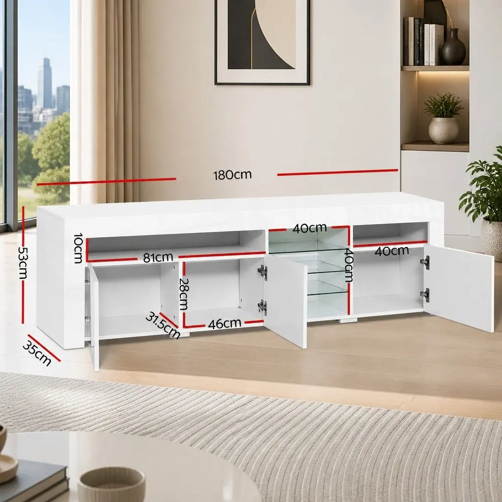 TV Unit LED Entertainment Cabinet 180cm White Modern Storage with Push-to-Open Mechanism and Open Shelves
