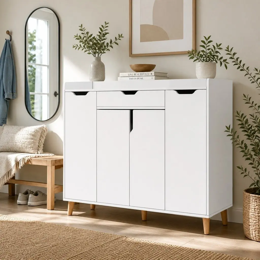 Shoe Storage Cabinet Adjustable Shelves White Organiser for 26 Pairs