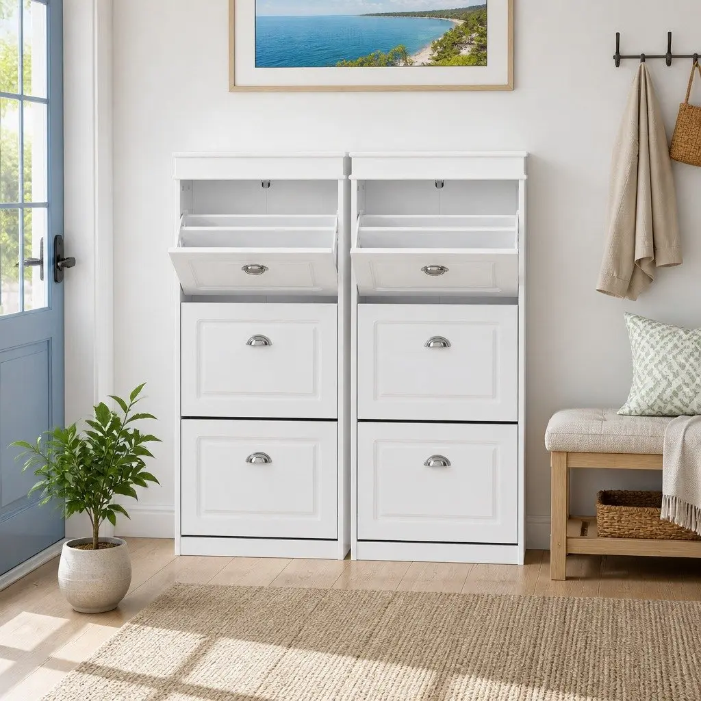 Shoe Cabinet Storage Organiser 2-Piece Set 3 Flip Drawers White Freestanding