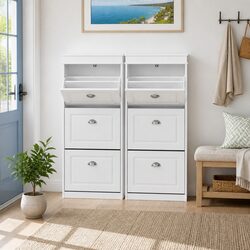 Shoe Cabinet Storage Organiser 2-Piece Set 3 Flip Drawers White Freestanding