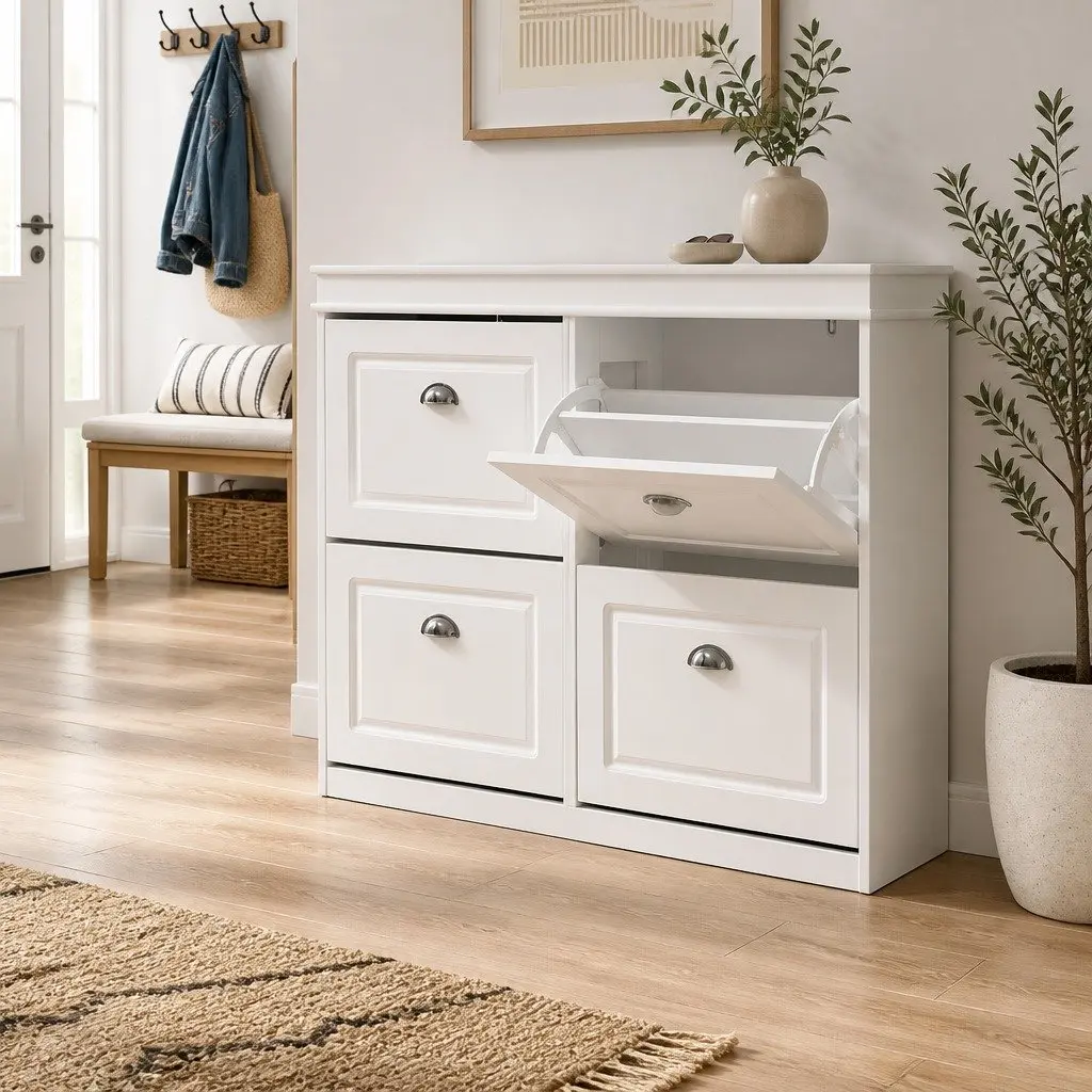 Shoe Rack Cabinet 4-Tier Adjustable Shelves White Storage Organiser