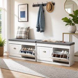 White Shoe Bench 2 Pieces Flip Drawer Storage Padded Seat Hallway Entryway