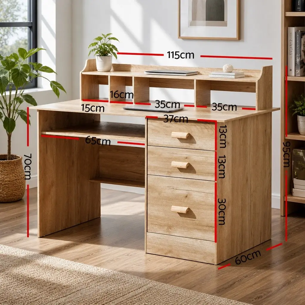 Computer Desk Office Workstation with Shelves and Drawers Pine 115 x 60 x 95cm