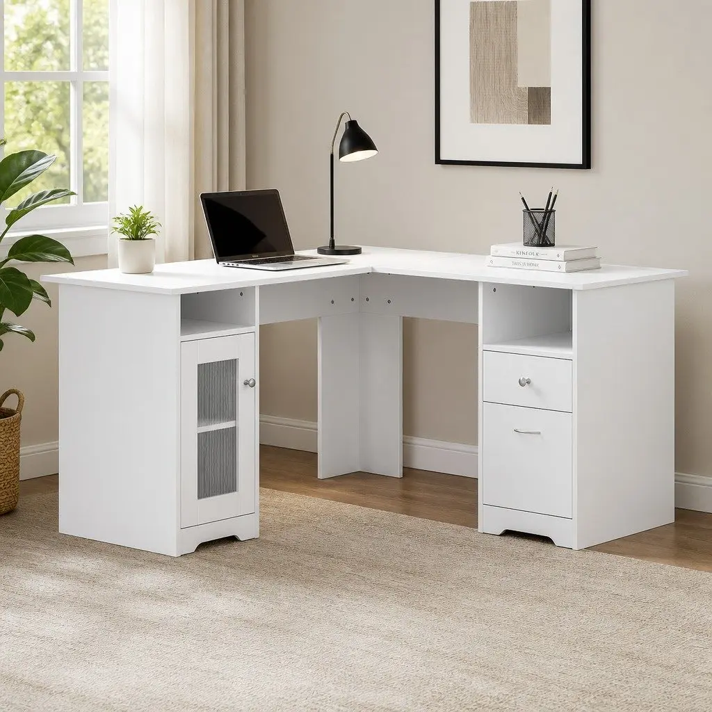 L-Shape Computer Desk with Storage Cabinet Adjustable Shelf Two Drawers Open Cubby Space White