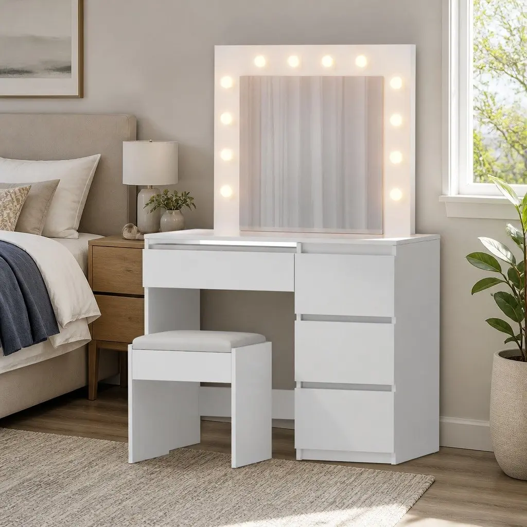 LED Dressing Table with Mirror Stool White Makeup Vanity 12 Bulbs Lights Drawers