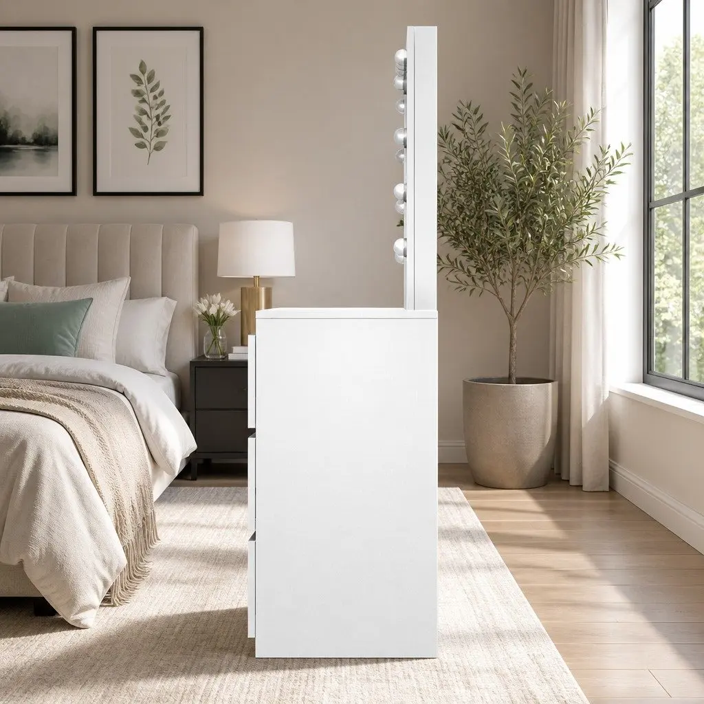 LED Dressing Table with Illuminated Mirror 12 Bulbs White Storage Drawers and Padded Stool