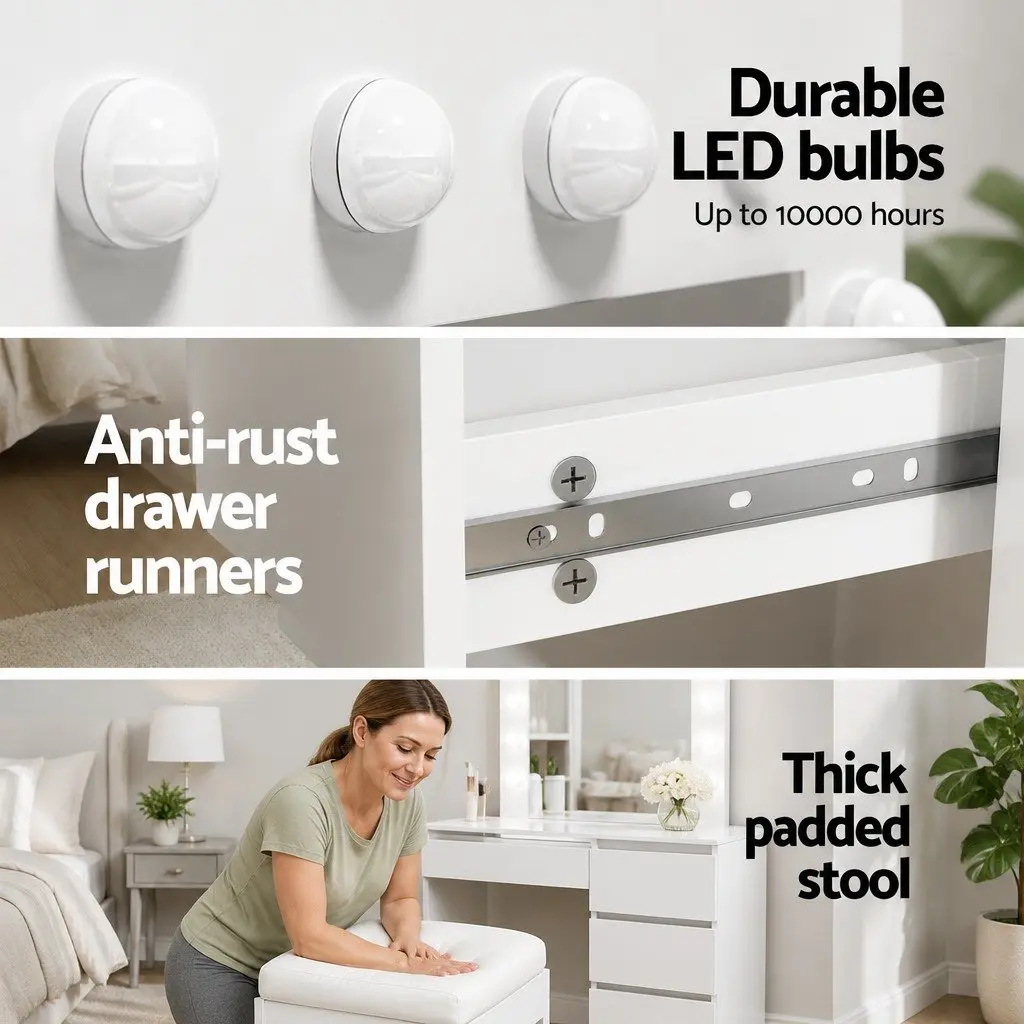 LED Dressing Table with Illuminated Mirror 12 Bulbs White Storage Drawers and Padded Stool