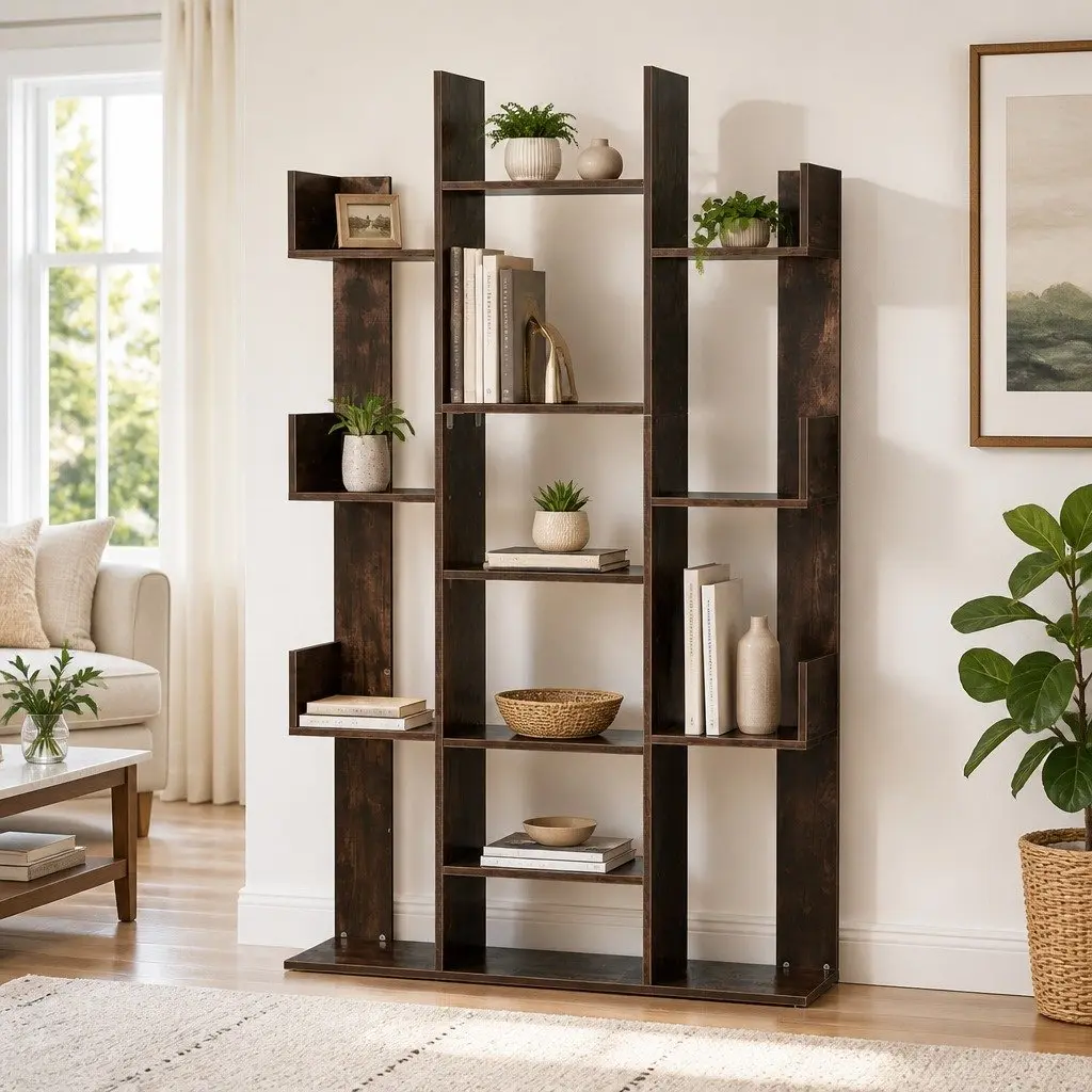 Tree-Shaped Bookshelf Walnut 13-Shelf Display Bookcase Storage Rack Home Office