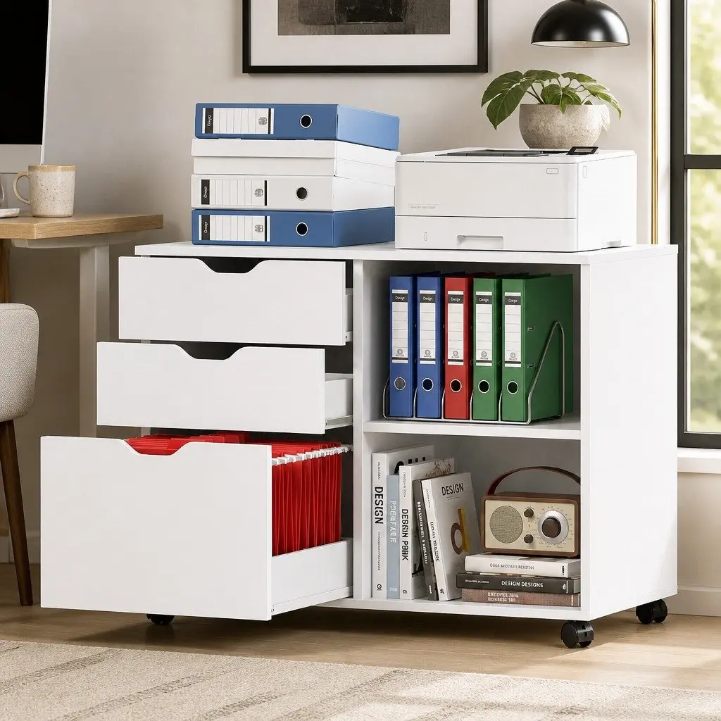 3 Drawer Mobile Filing Cabinet Printer Stand White Home Office Storage Wheels