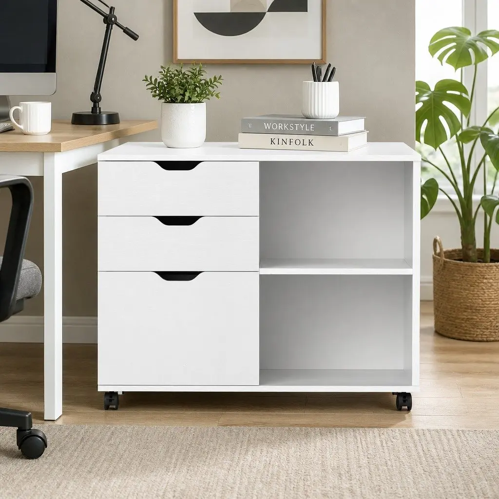 3 Drawer Mobile Filing Cabinet Printer Stand White Home Office Storage