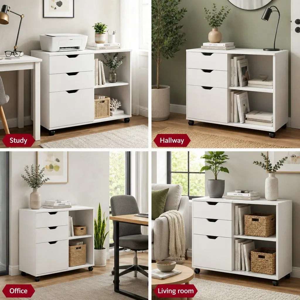 3 Drawer Mobile Filing Cabinet Printer Stand White Home Office Storage