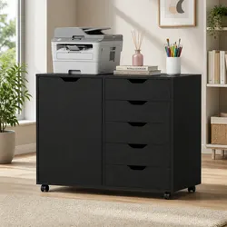 Mobile Filing Cabinet 5 Drawer Storage Unit with Door Black Home Office