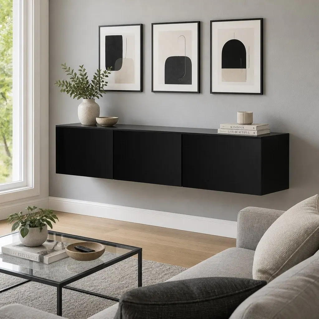 Floating TV Entertainment Unit Wall-Mounted Cabinet Black 3 Storage Cabinets