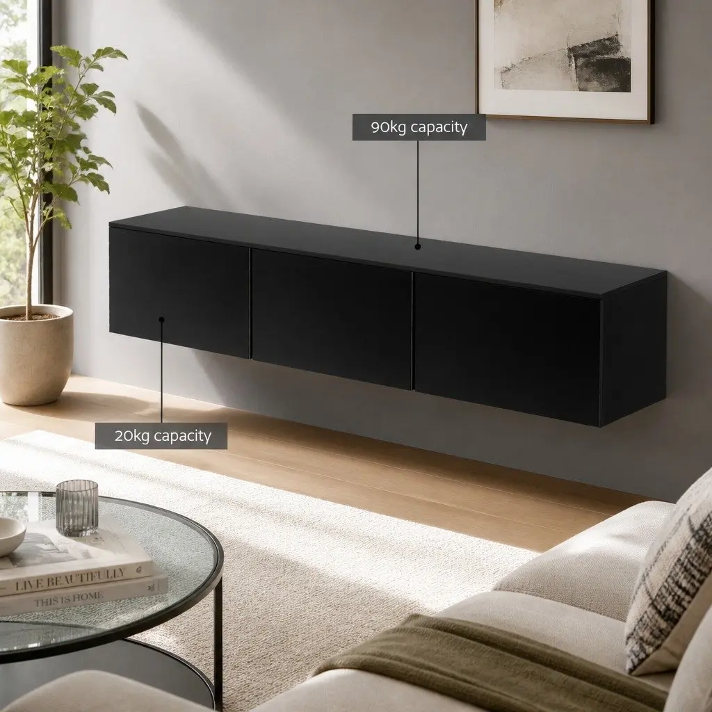 Floating TV Entertainment Unit Wall-Mounted Cabinet Black 3 Storage Cabinets