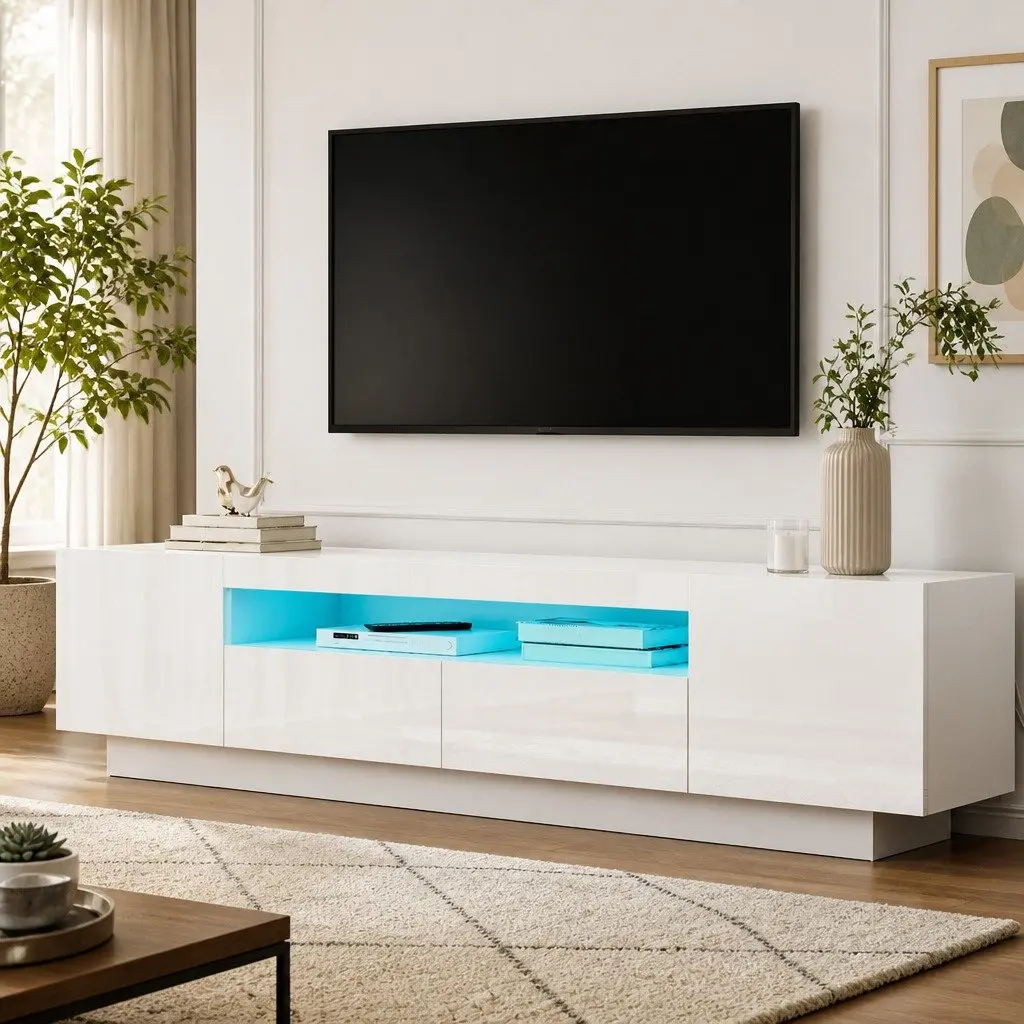 TV Entertainment Unit Storage Cabinet 180cm White 2 Drawers RGB LED Lighting