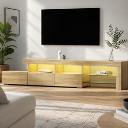 Entertainment Unit TV Cabinet LED 215cm Pine Wood Living Room Storage Display