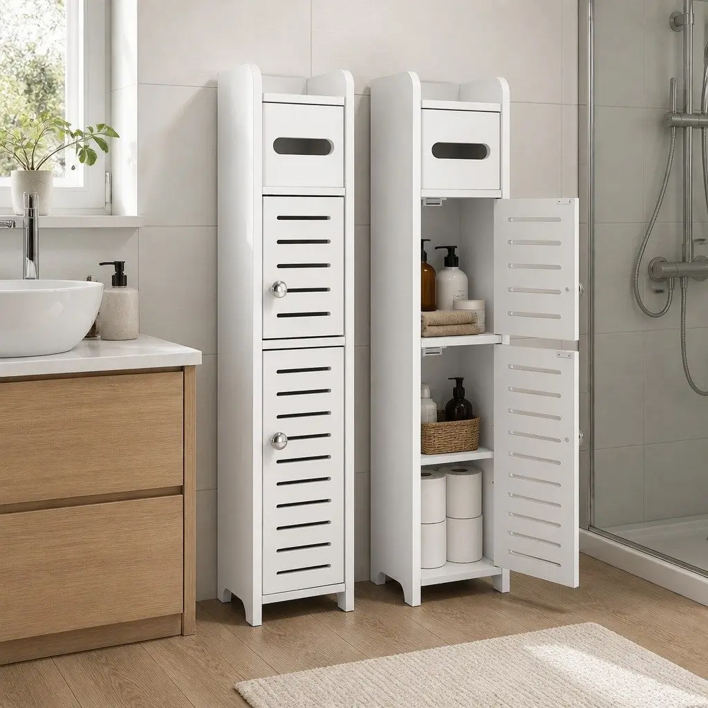Bathroom Storage Cabinet 3-Tier Toilet Paper Holder Organizer Slim White Unit