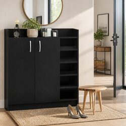 Shoe Rack Cabinet 21 Pairs Storage Black Contemporary Design Adjustable Shelves