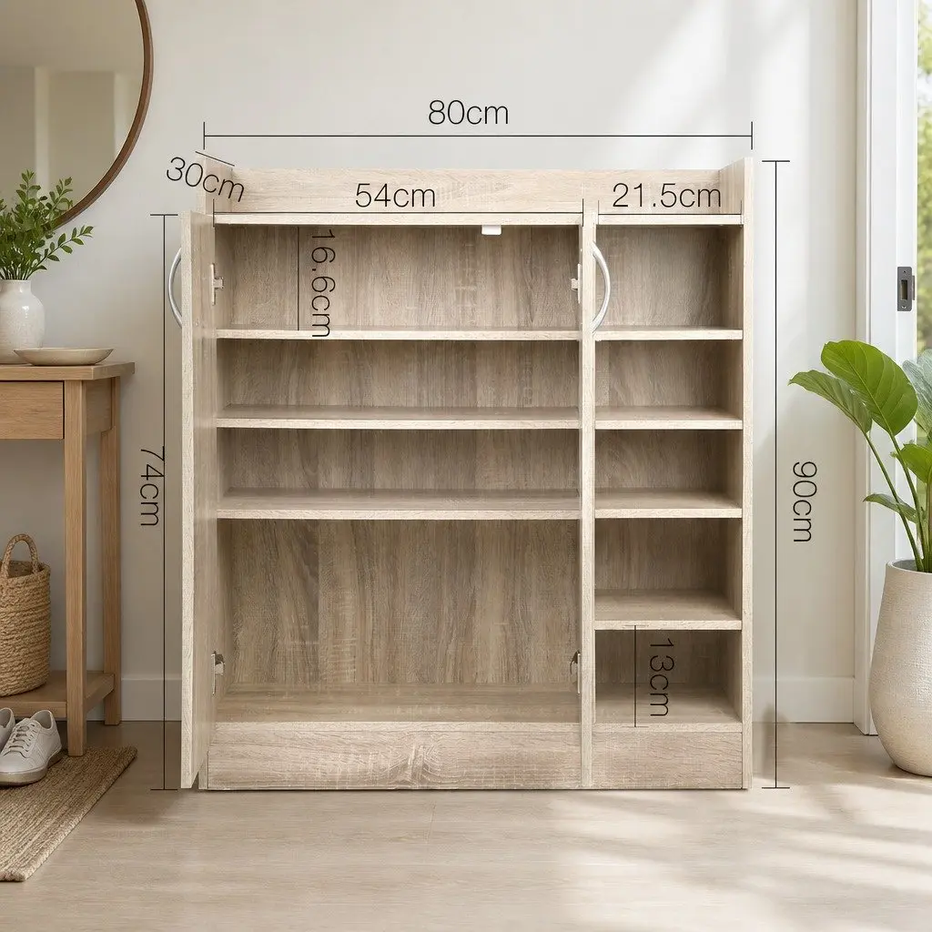 Shoe Rack Cabinet Adjustable Shelves Two Door Cupboard Natural