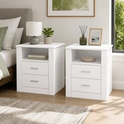 Bedside Table 2 Drawers Open Shelf White Modern Storage Nightstand Bedroom