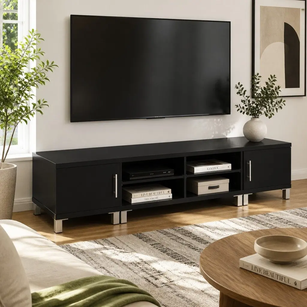 TV Cabinet Entertainment Unit 190cm Black Storage Stand Contemporary Design