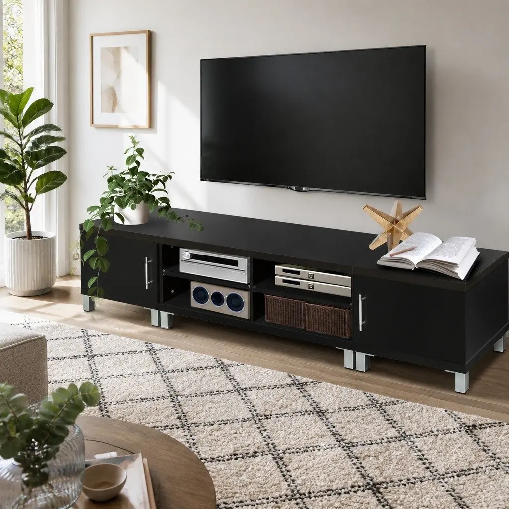TV Cabinet Entertainment Unit 190cm Black Storage Stand Contemporary Design