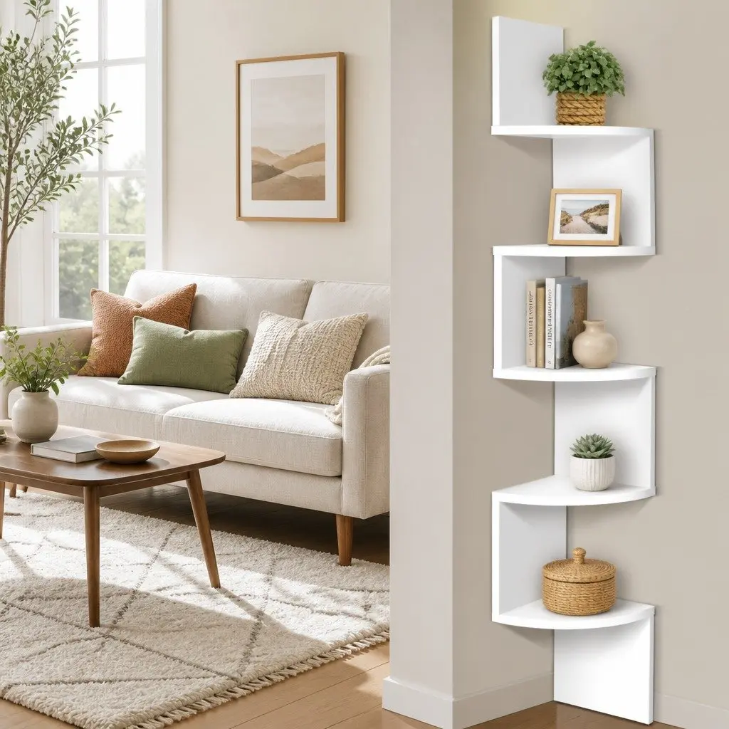 Wall Corner Floating Shelf 5-Tier White Storage Display Unit