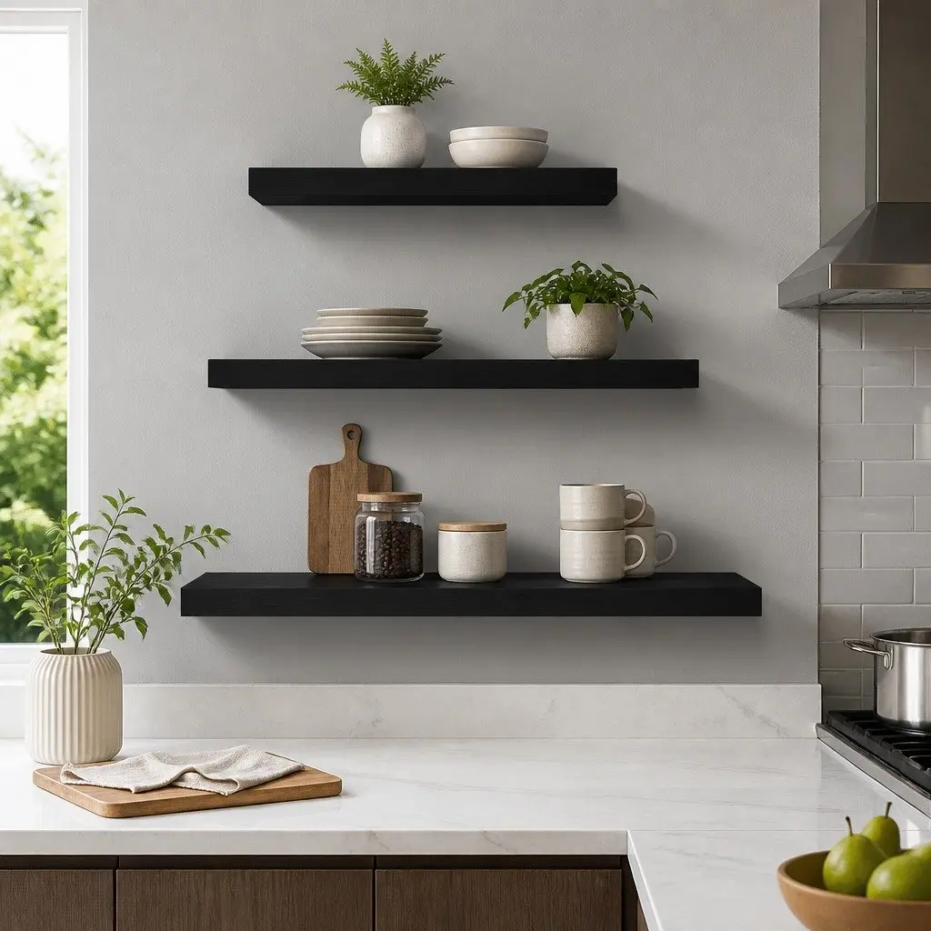 Floating Wall Shelf Set of 3 Black Display Storage Books Photos Home Office