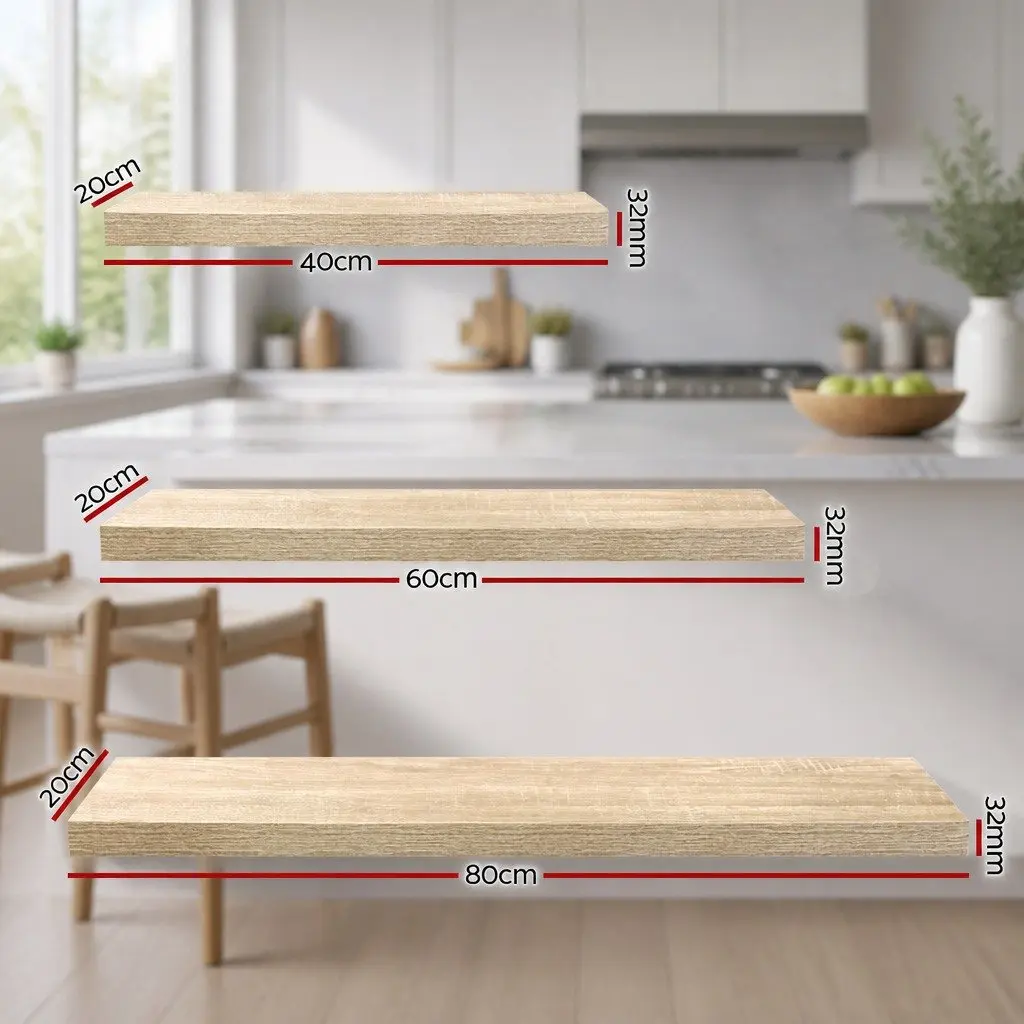 Floating Wall Shelf Set of 3 Sturdy Metal Frame Oak Display Storage Shelves