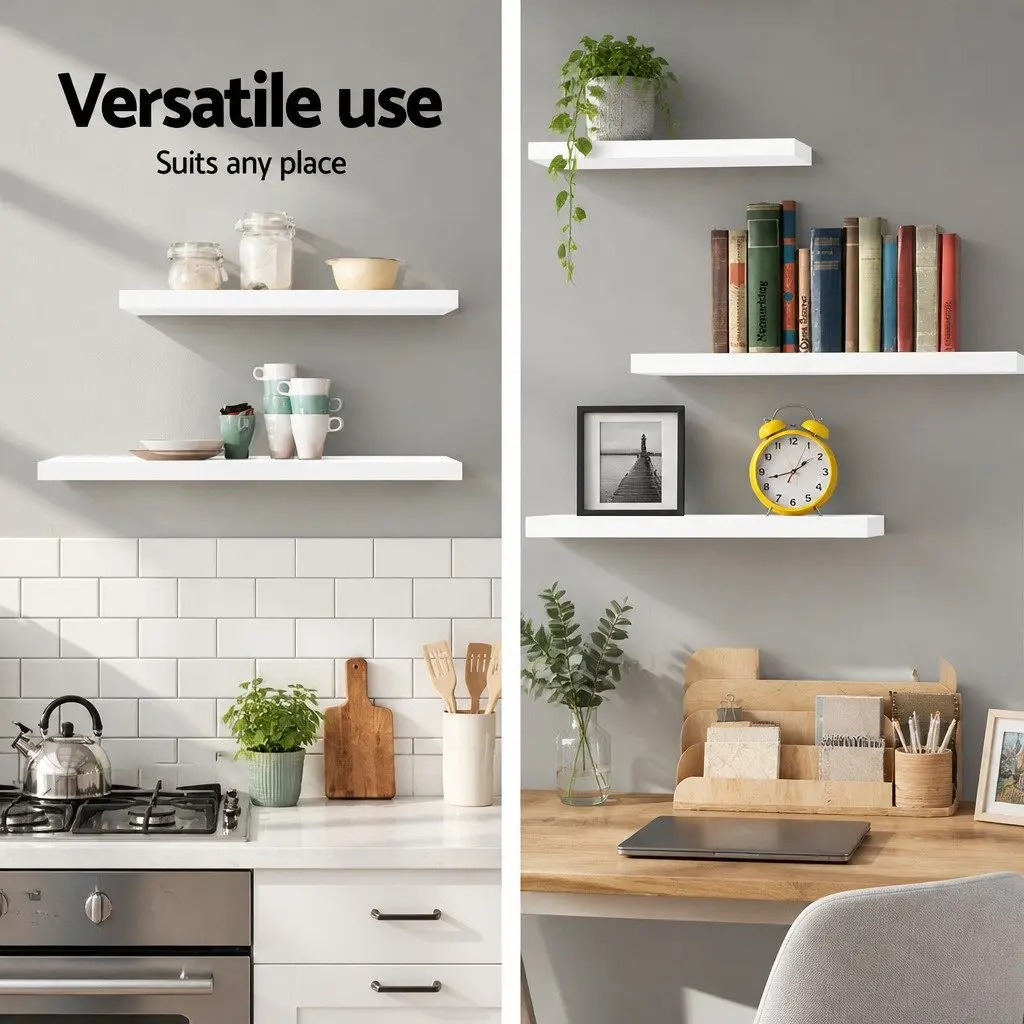 Floating Wall Shelf Set of 3 White Display Storage for Books Photos Home Office