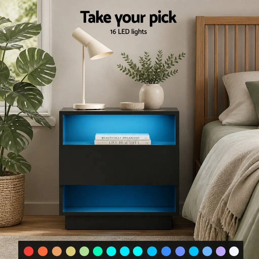 Bedside Table LED 2 Shelves Drawer Black Modern Bedroom Nightstand Storage
