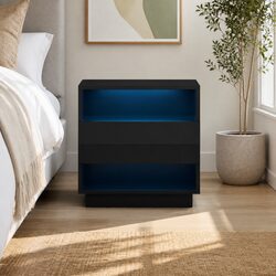 Bedside Table with LED Lighting 2 Shelves Drawer Modern Bedroom Furniture Black