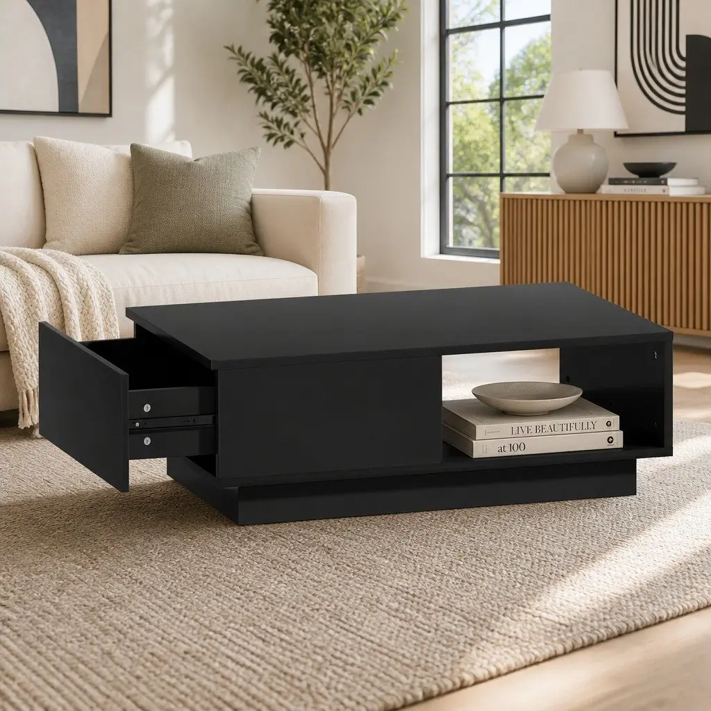 Modern LED Coffee Table with Remote Control Lights Black Living Room Storage