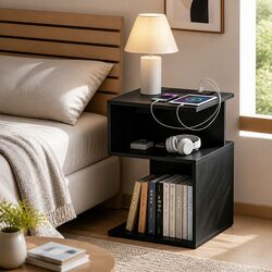 Bedside Table 2 Shelves S-Shaped Charging Station Black Bedroom Furniture