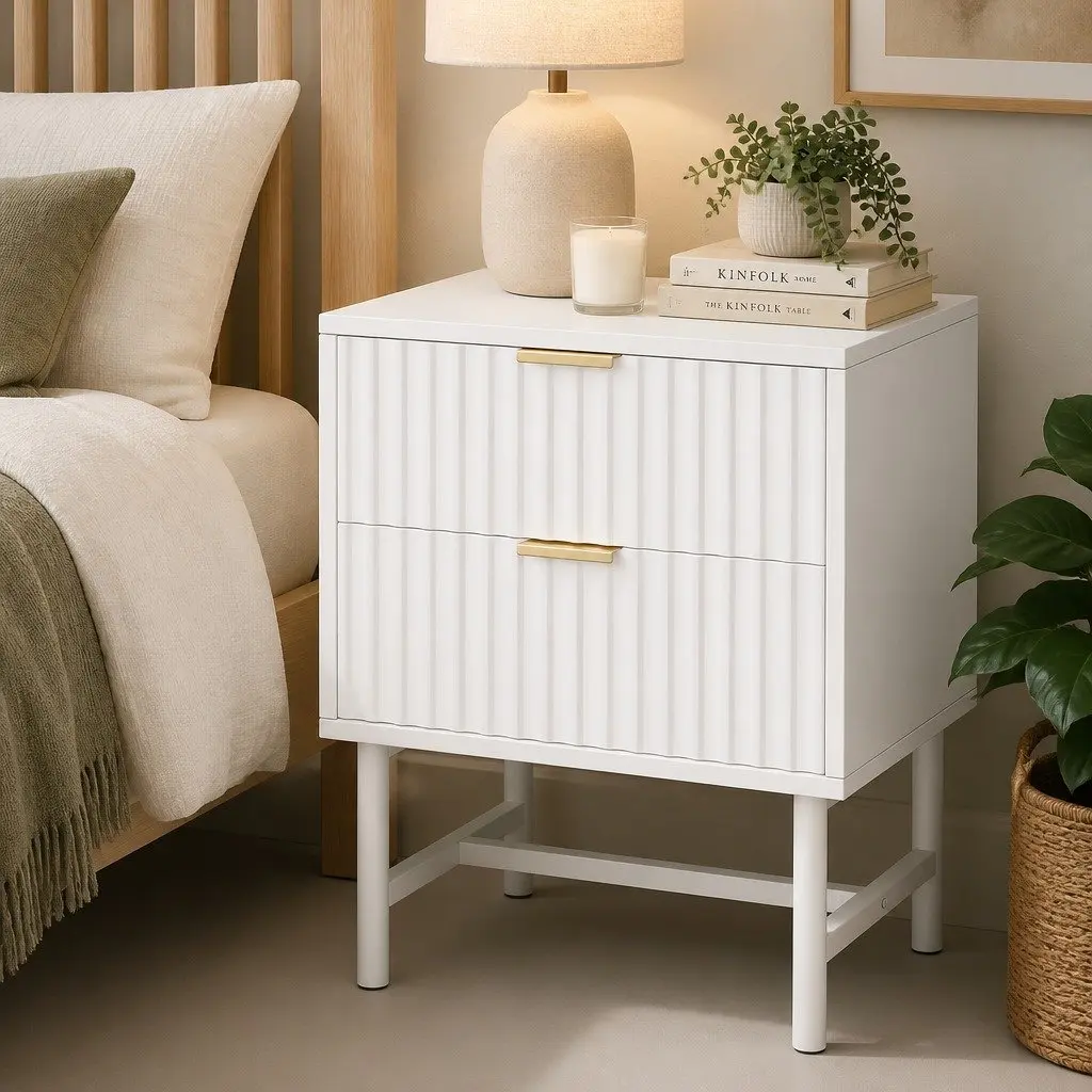 Bedside Table Two Drawers White Bedroom Nightstand Storage Furniture
