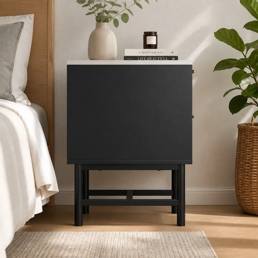 Bedside Table 2 Drawers Compact Black White Bedroom Storage Nightstand