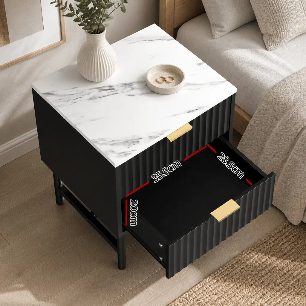 Bedside Table 2 Drawers Compact Black White Bedroom Storage Nightstand