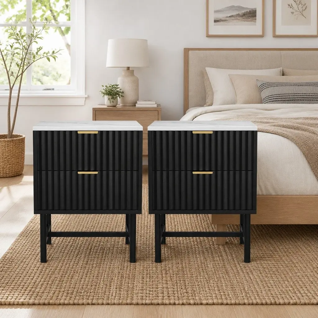Bedside Table 2 Drawers Storage Black White Furniture