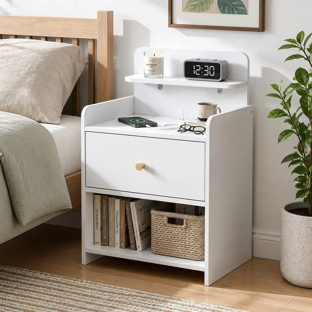 Bedside Table with Drawer Charging Station White Storage Nightstand