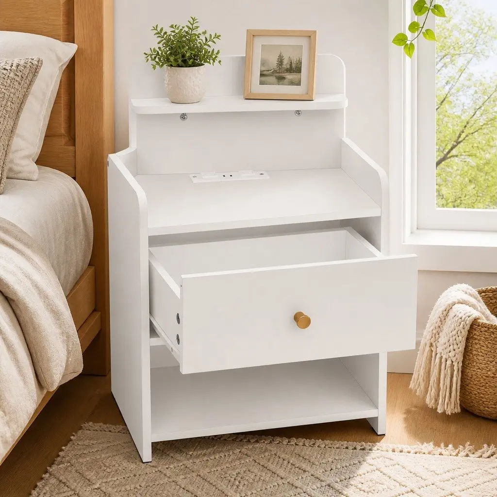 Bedside Table with Drawer Charging Station White