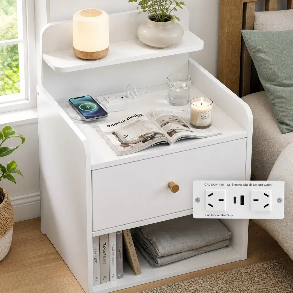 Bedside Table with Drawer Charging Station White
