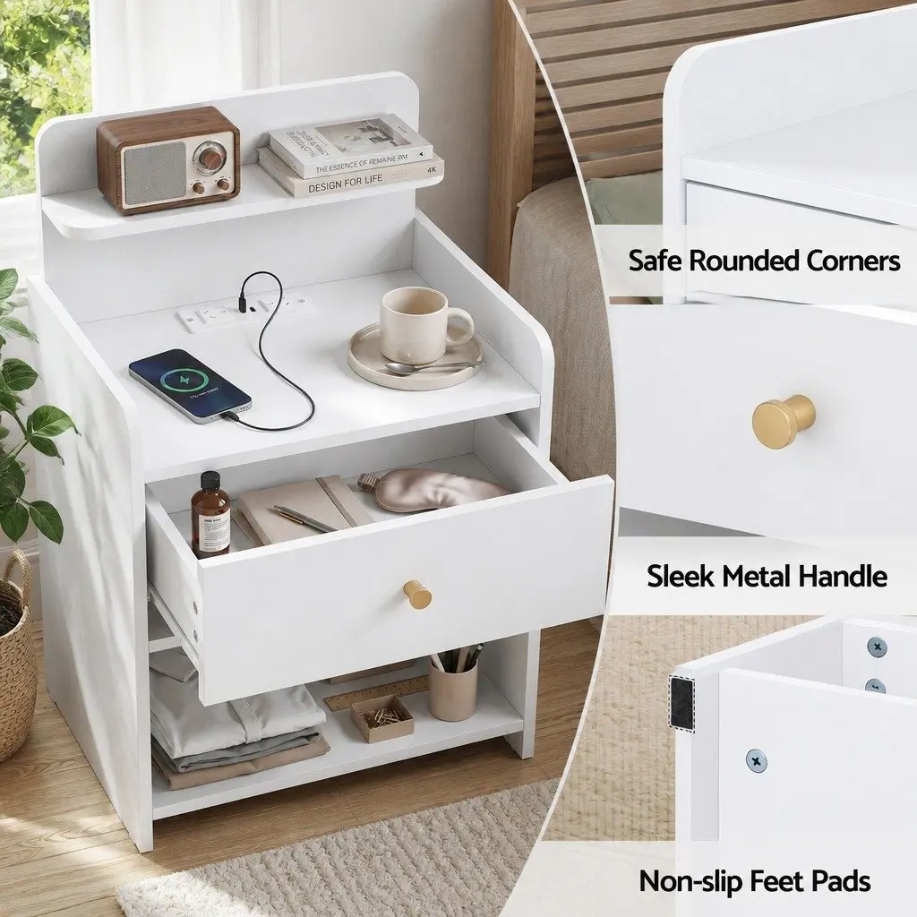 Bedside Table with Drawer Charging Station White